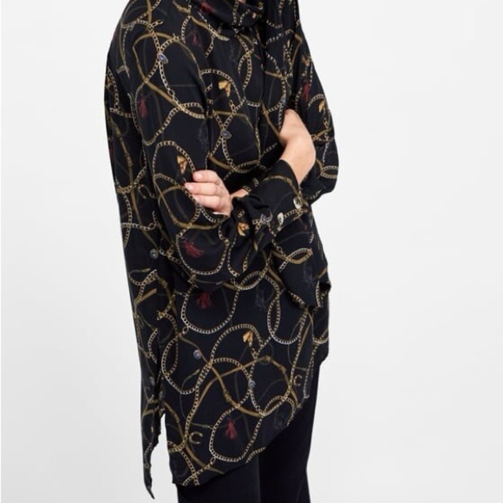 Zara Chain Tassel Horse & Jewel Pattern Tie Neck Tunic XL - Picture 10 of 11